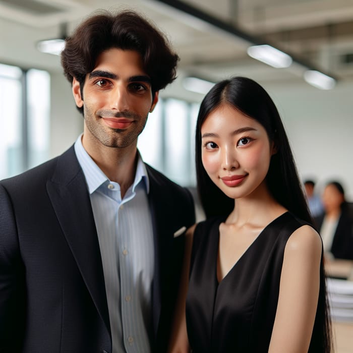 Professional Office Couple Smiling in Elegant Attire