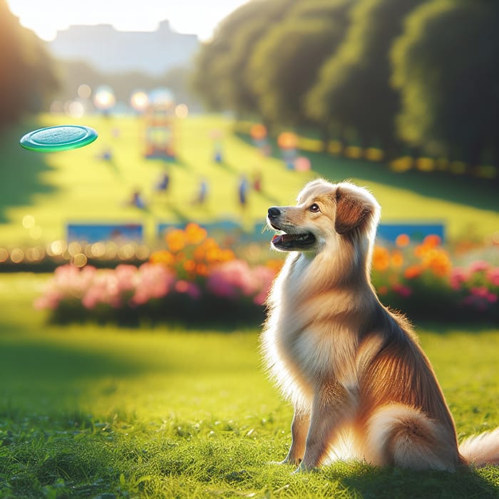 Excited Dog Watching Frisbee in Sunny Park