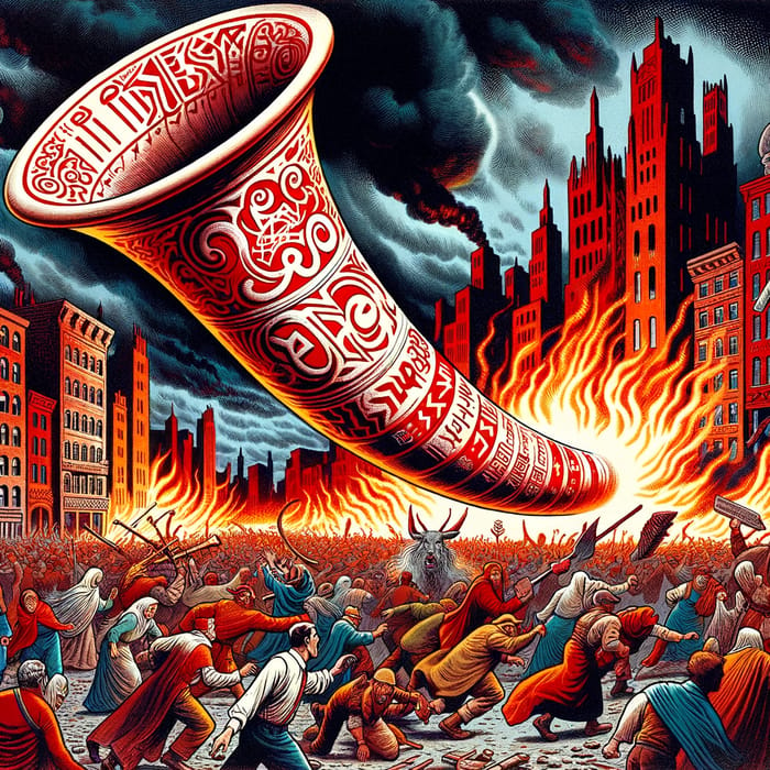 Intense Blowing Horn Scene: Red Runic Engravings & Flaming Buildings