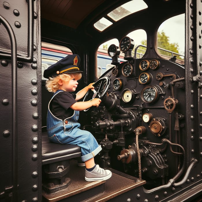 Curly Blonde Toddler Driving Vintage Steam Engine Train Curly Blonde Toddler Driving Vintage Steam Engine Train