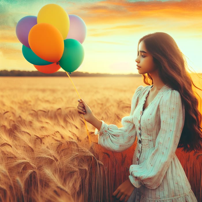 Dreamy Wheat Field Scene: Vibrant Ballon-Holding Girl