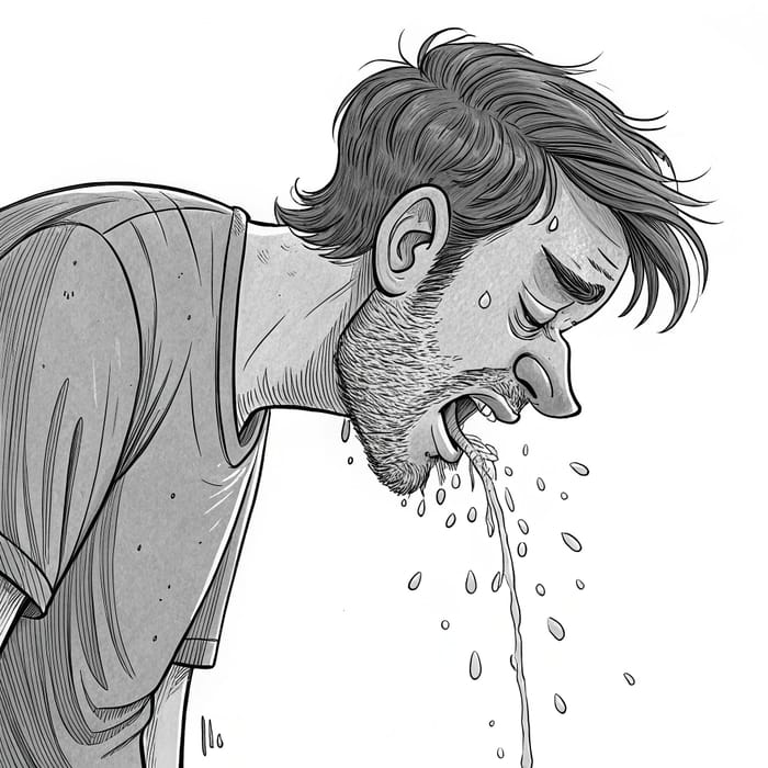 Cartoon of Drunk Man Puking - Line Art Illustration