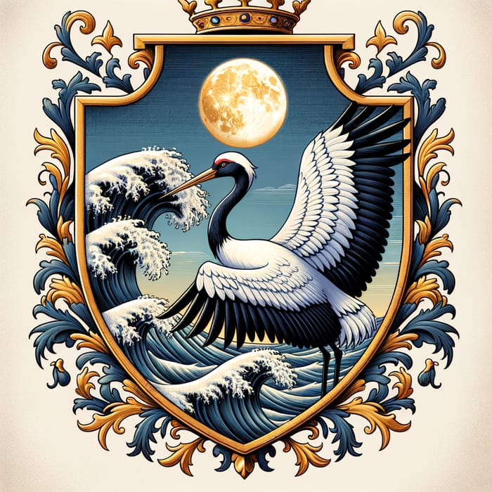 Crane Bird Coat of Arms With Moon Wave Ocean Design