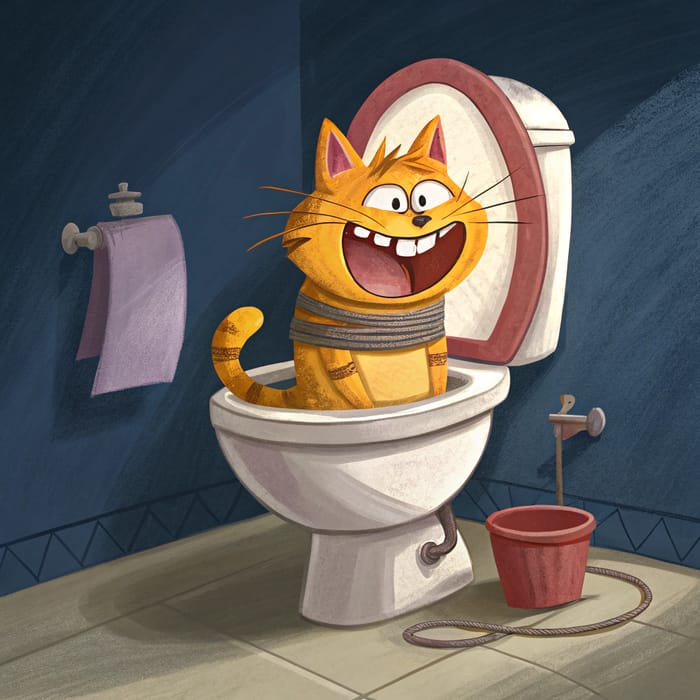 Whimsical Toilet and Cat: A Cartoon Adventure