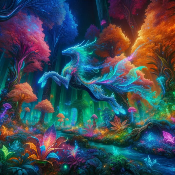 Enchanted Forest with Magical Creature and Vibrant Colors