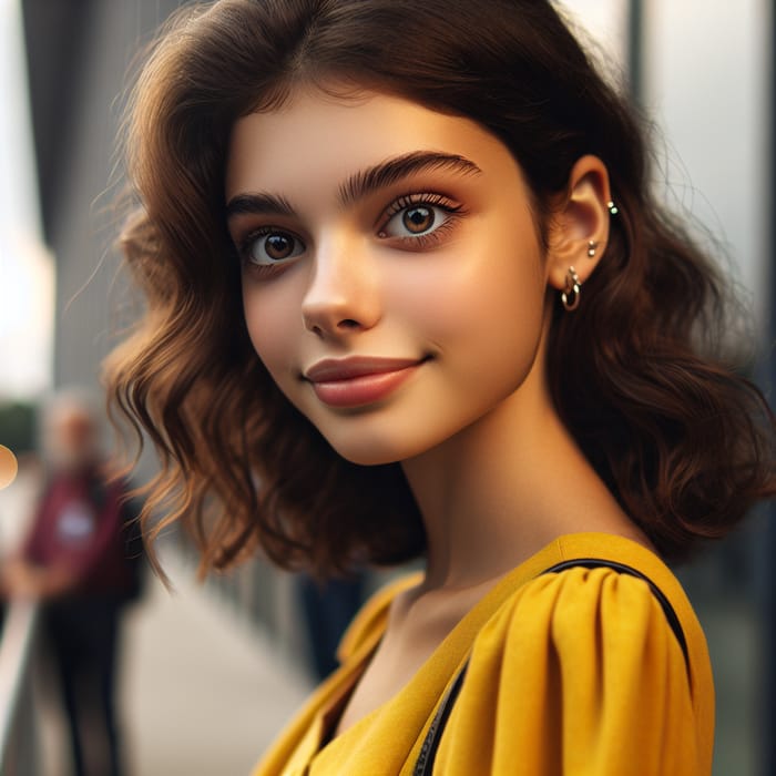 Energetic Student in Yellow Dress with Brown Curls at Auditorium