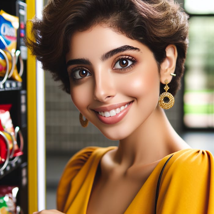 Brown-eyed Student of Public Policy in Yellow Dress by Snack Vending Machine