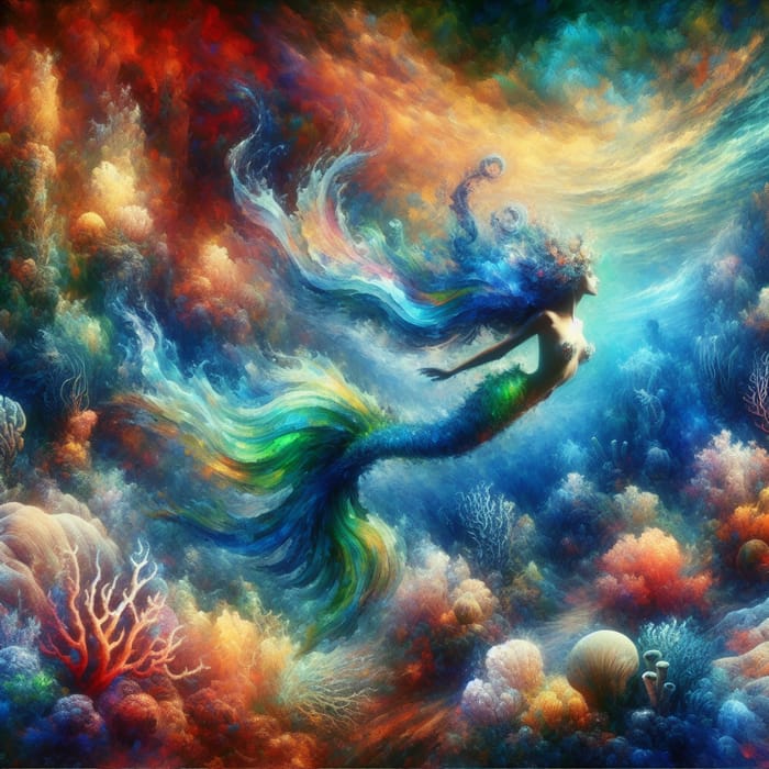 Impressionist Underwater Mermaid and Coral Reefs Fantasy