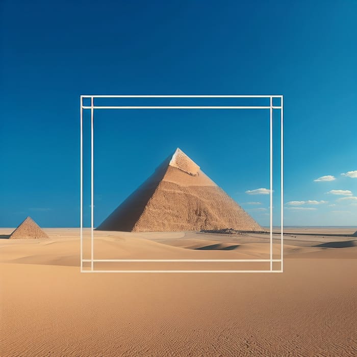 Simplistic 2D Pyramid in Vast Desert Under Blue Sky