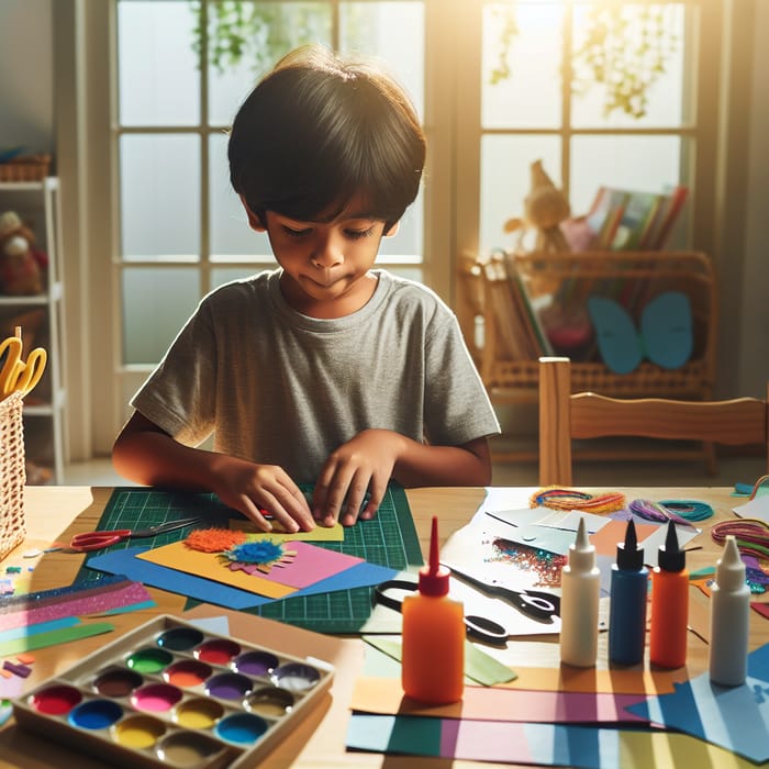 South Asian Child Crafting: Boy Engaged in Creative Project