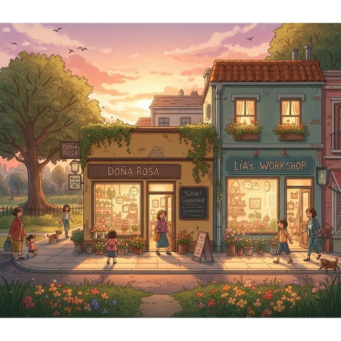 Sunset Street Scene: Doña Rosa's Shop & Park