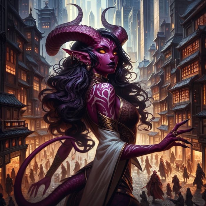 Powerful Tiefling Sorcerer in Urban City | Burgundy Skin, Golden Eyes