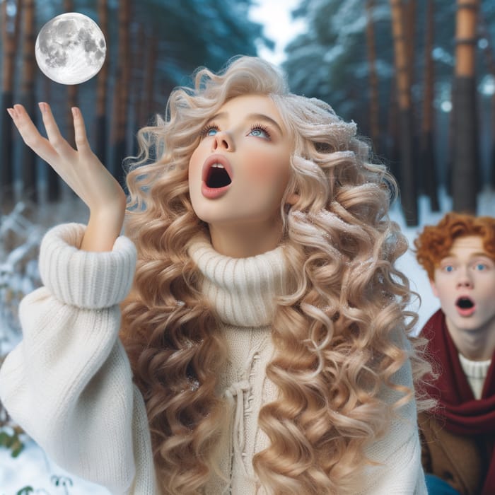 Enchanting Winter Scene: Girl Howling at the Moon in Snowy Forest