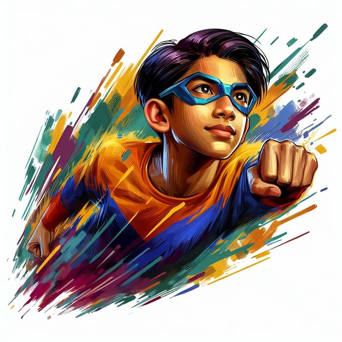 Young South Asian Superhero in Mid-Flight