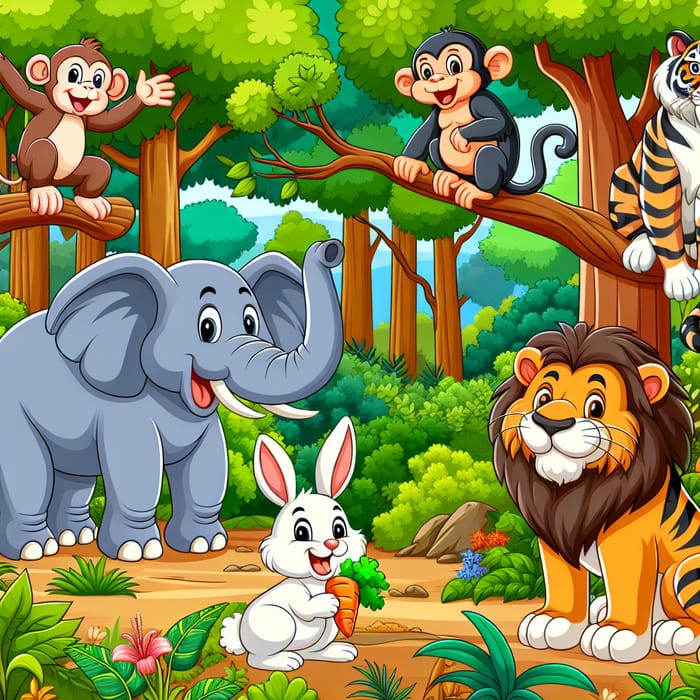 Vibrant Cartoon Forest with Adorable Animals