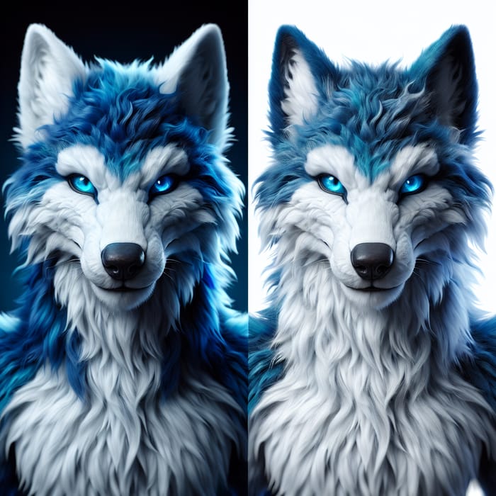 Blue and White Wolf-Like Humanoid Creature with Striking Fur