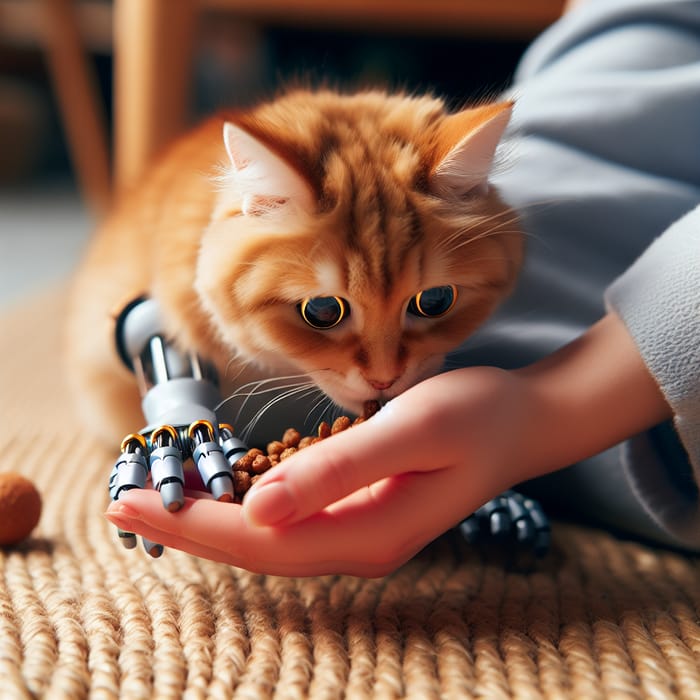 Sweet Ginger Cat with Mechanical Paws Enjoying a Snack