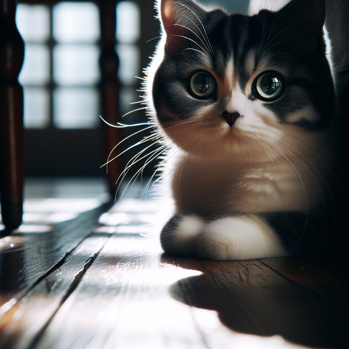 Adorable Black & White Cat - Vintage Wooden Floor Scene