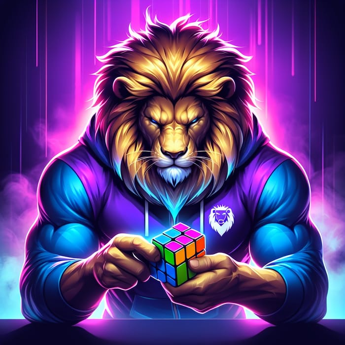 Lion in Purple Hoodie Solving Neon Rubik's Cube