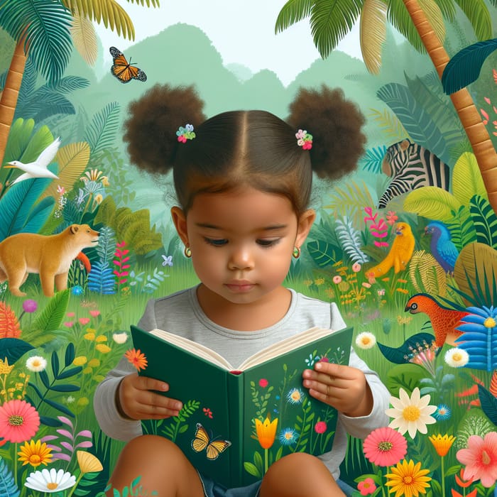 Multiethnic Little Girl Reading Book in Vibrant Tropical Environment