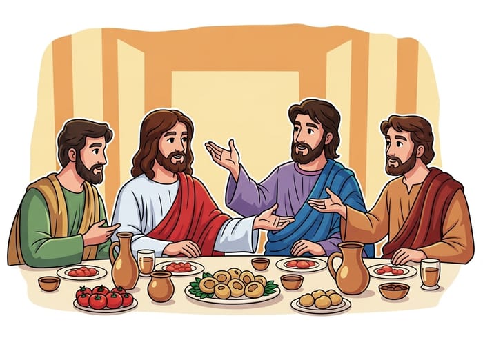 Vibrant Last Supper: Jesus, Peter, and John Cartoon Vibrant Last Supper: Jesus, Peter, and John Cartoon