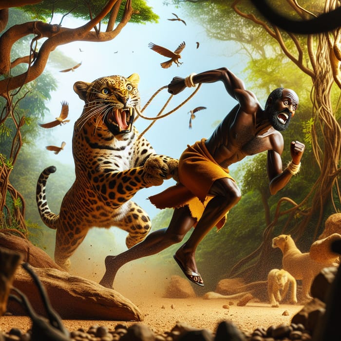 African Jungle Dilemma: Man Clutching Leopard's Tail | African Proverb Artwork