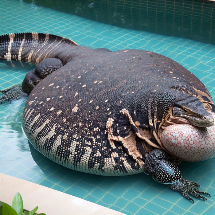 Giant Morbidly Obese Water Monitor Lizard in Pool