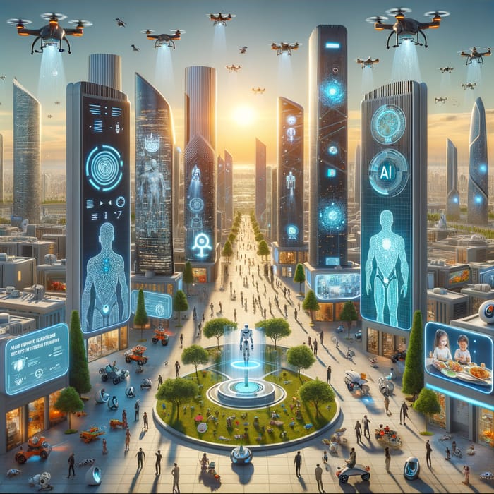 AI Era: Futuristic City Landscape with Diverse Interactions