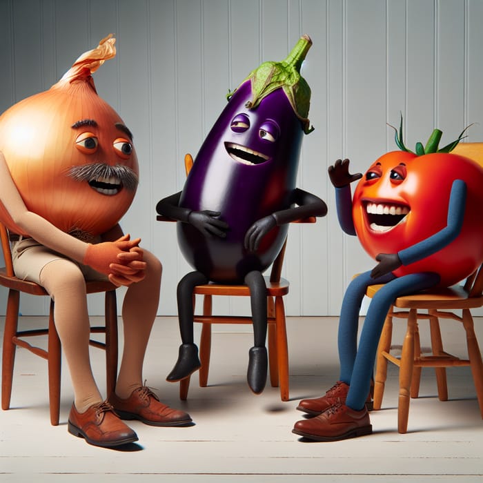 Onion, Eggplant & Tomato Engaged in Friendly Chat