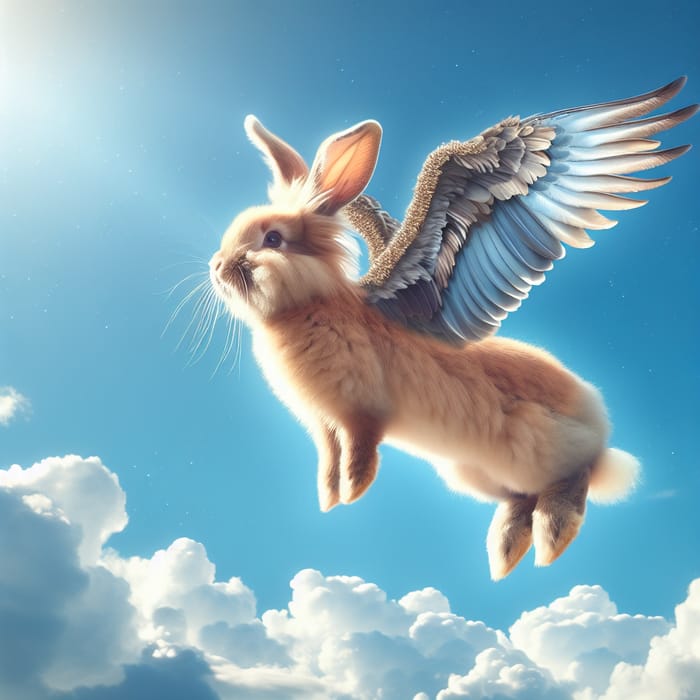 Magical Rabbit with Wings Flying in Clear Sky