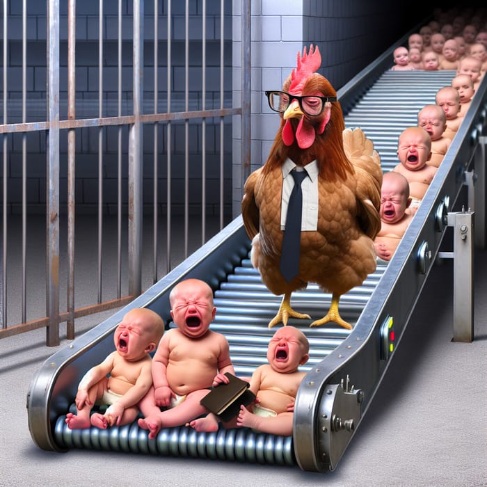 Serious Chicken Observes Crying Babies at Gate