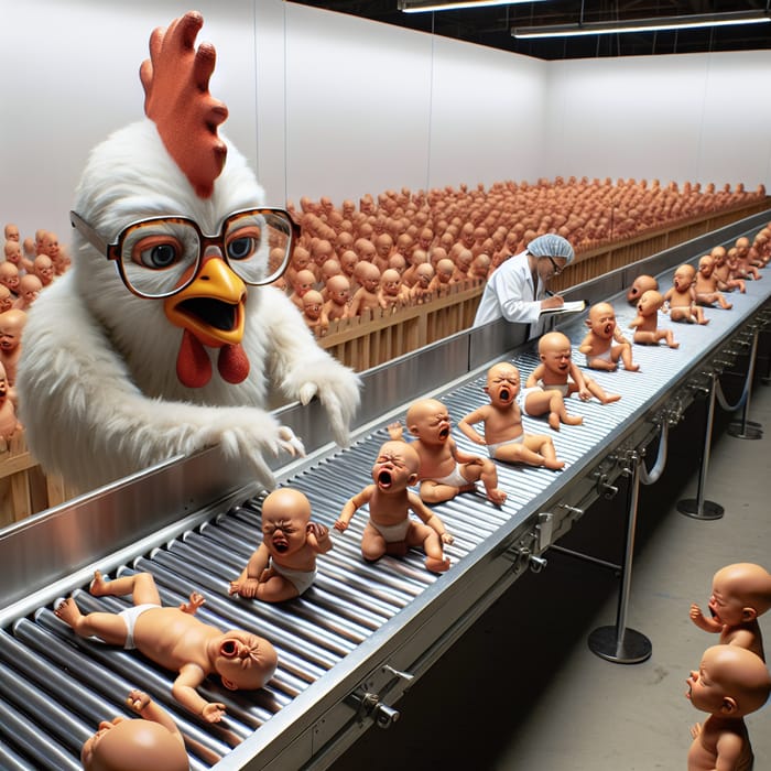 Serious Chicken Observes Baby Conveyor with Blade Gate