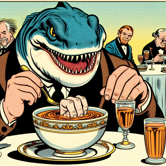 Shark in Restaurant Eating Soup with Human Hand - Garfield Cartoon Style