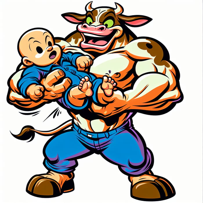 Playful Cow Cartoon Snatching Baby in Intense Action