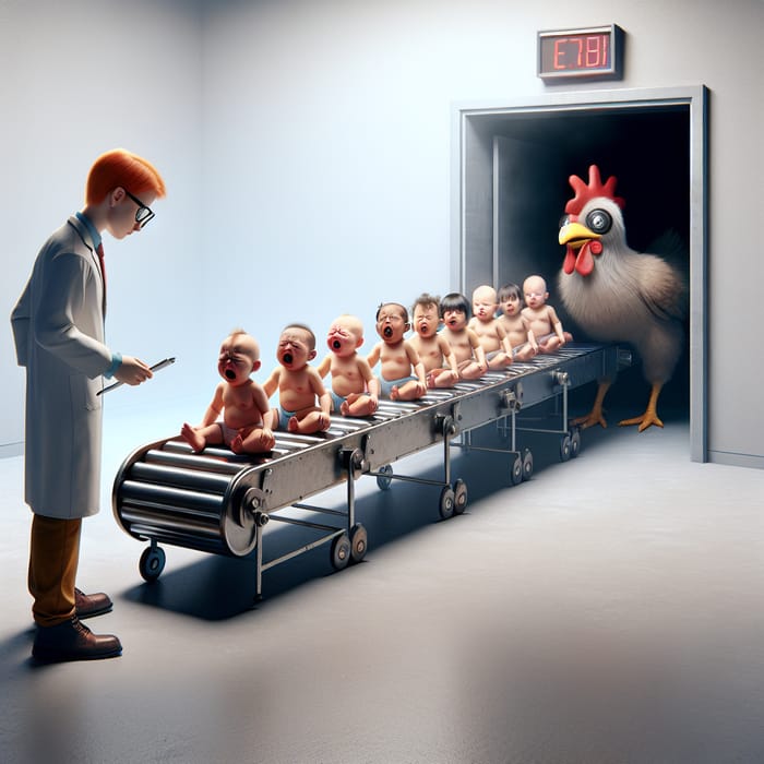 Surreal Image: Crying Babies on Conveyor Belt with Chicken