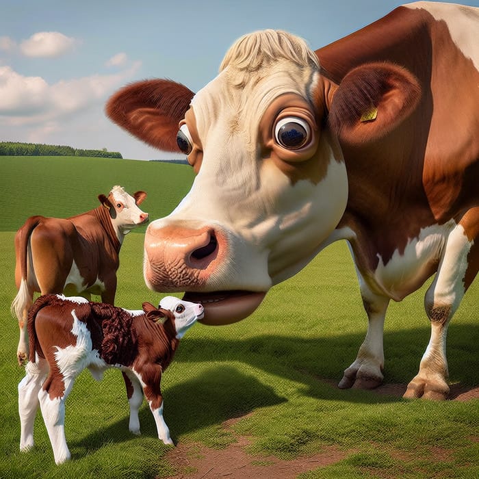 Cow Grabs Baby from Mother: Unusual Interaction on Grass Field