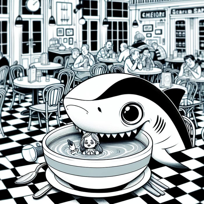 Menacing Shark Devouring Human Hand Soup in Bistro | Cartoon Illustration