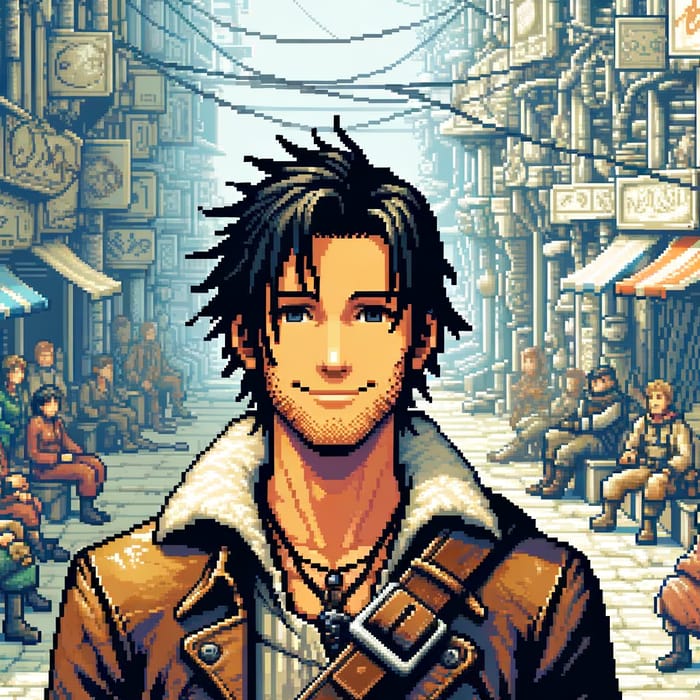 Classic PS2 Game Pixel Art: Black-Haired Man Smiling in Retro Adventure