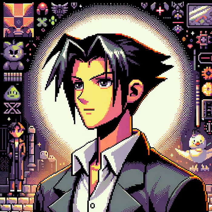 Retro Pixel Art PS2 Game featuring Male Character with Black Hair