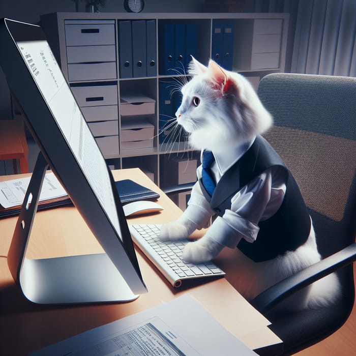 Professional White Cat Working on a Computer