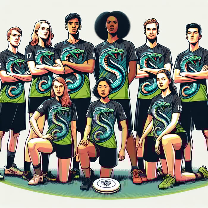 Diverse Ultimate Frisbee Team with Serpent Logo Diverse Ultimate Frisbee Team with Serpent Logo