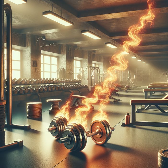 Vintage Gym with Flaming Dumbbells | Fiery Retro Fitness Scene