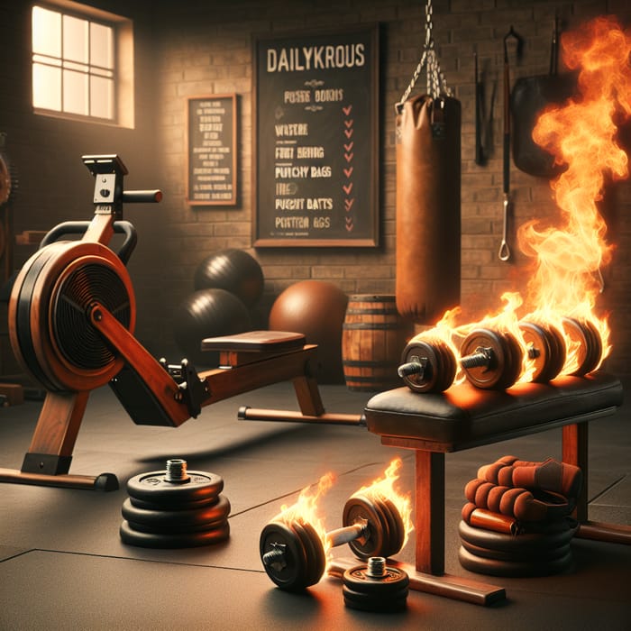 Retro Gym Fire Dumbbells: Fiery Fitness Atmosphere