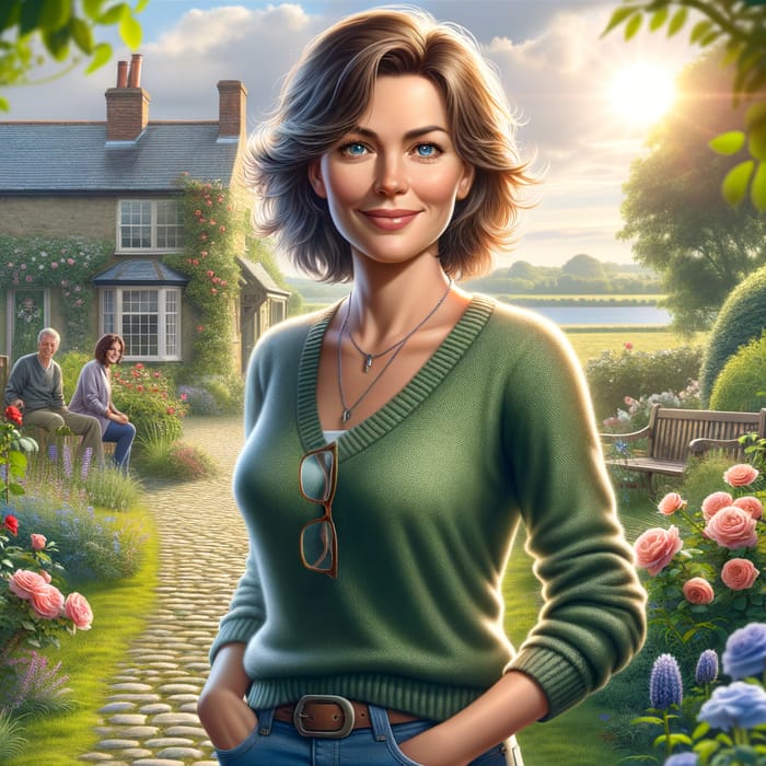 Happy Middle-Aged Woman in Quaint Garden Scene