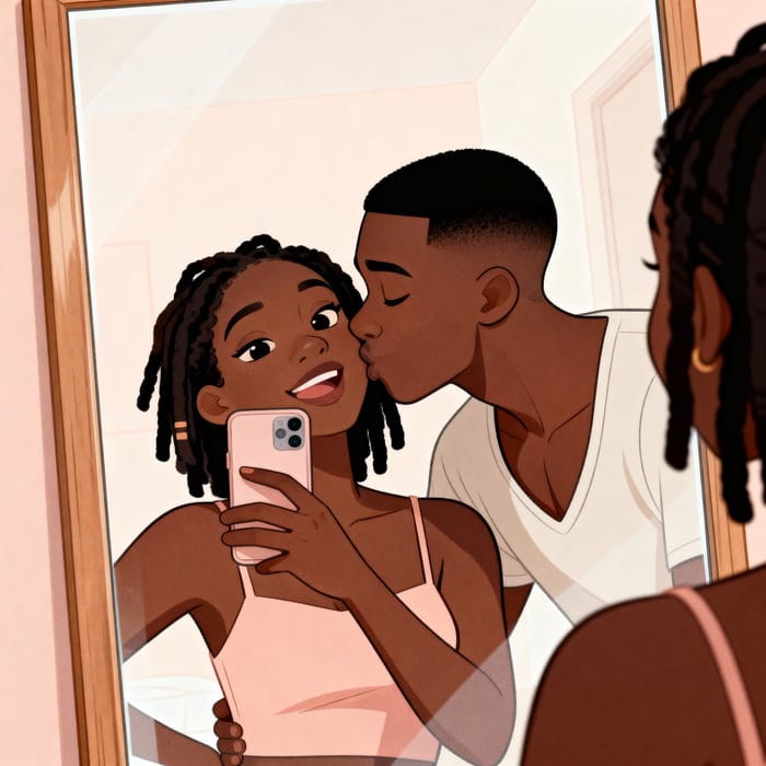 Cartoonish Reflection of a Loving Black Couple Cartoonish Reflection of a Loving Black Couple