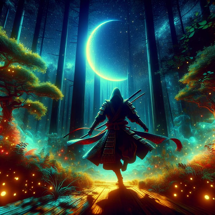 Vibrant Moonlit Samurai in Magical Forest