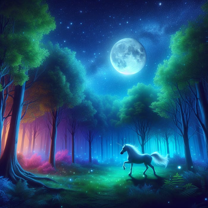 Mystical Moonlit Forest with a Prancing Unicorn