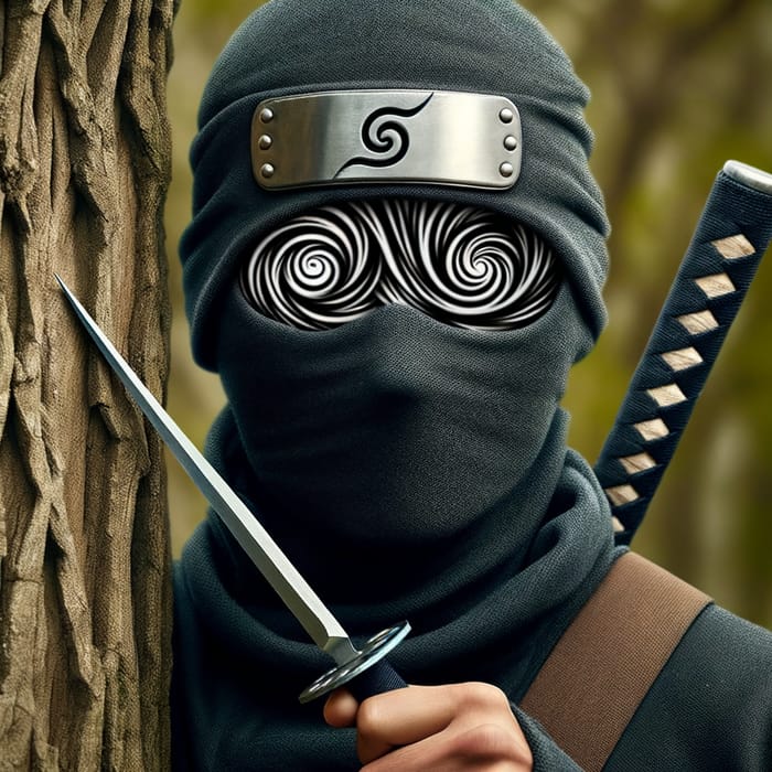 Mangekyou Sharingan Ninja Stands by Tree with Kunai