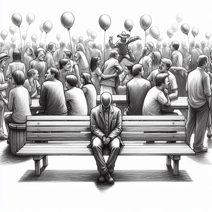 Pencil Sketch of Solitude Amidst Crowds: Loneliness Amidst Joy