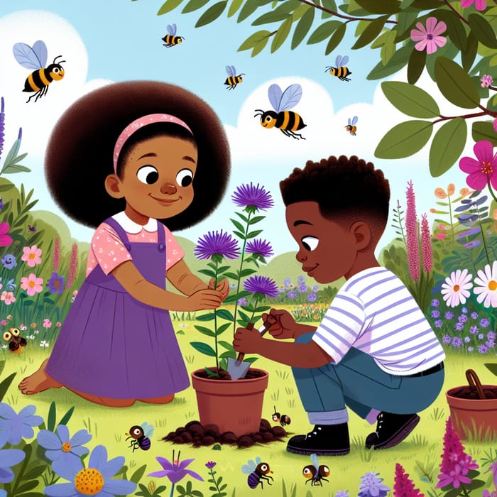 Adorable Kids Planting Purple Flowers with Bees and Bugs Adorable Kids Planting Purple Flowers with Bees and Bugs